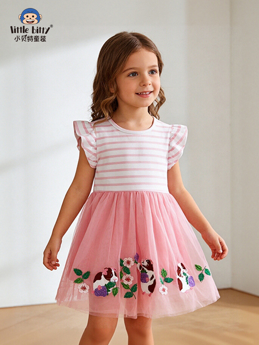 26 New Spring and Summer Children's Dresses with Ruffle Sleeves, Animal Embroidery, Girls' Striped Round-Neck Mesh Dresses in Stock