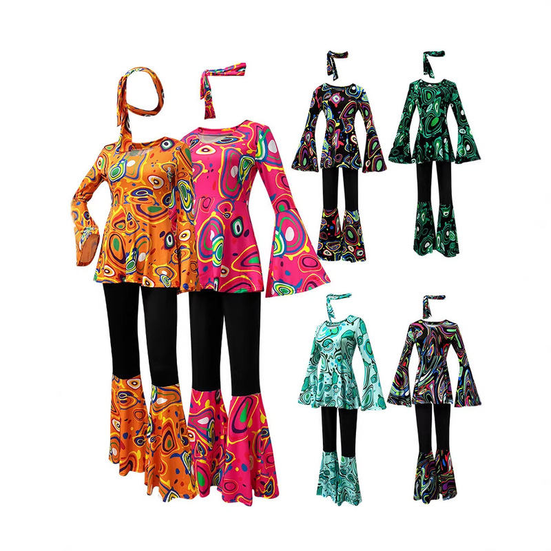 2025 New European and American Cross-Border Multi-Color Printed Top and Pants Patchwork Set with Headscarf Disco Dance Outfit for Women