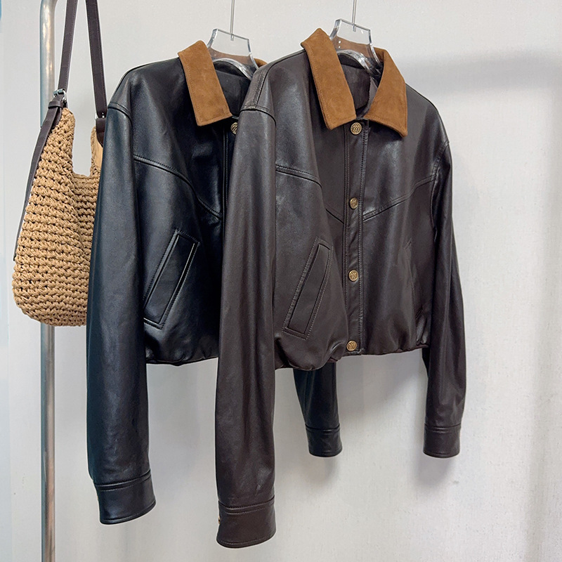 Genuine Leather Jacket for Women, Made of Sheepskin, Lightly Waxed, American-Style Flight Short Leather Jacket with Suede Patchwork, New Autumn 2025 Model