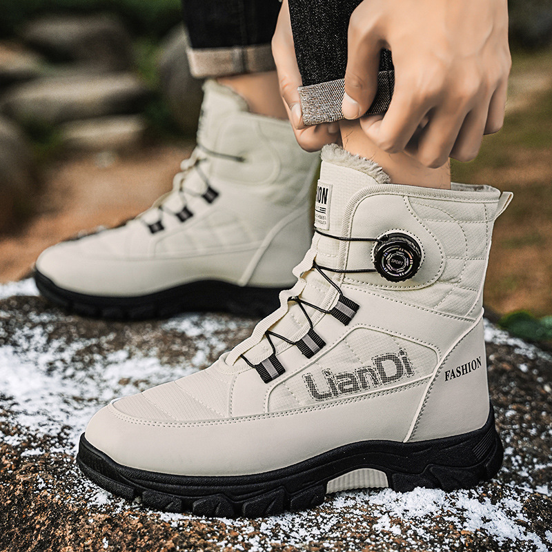 Invierno transfronterizo nuevo tipo de hombre botas de nieve de fondo grueso de alto impacto con veludo grueso calentamiento botón giratorio antideslizante zapatos de algodón resistentes al desgaste