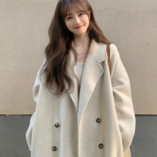 时尚潮流派毛呢外套女秋冬新款韩版宽松中长款过膝呢子大衣LD代发