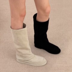 羊皮版~小香风真皮厚底长筒裤管靴女冬法式白色长靴骑士靴高筒靴