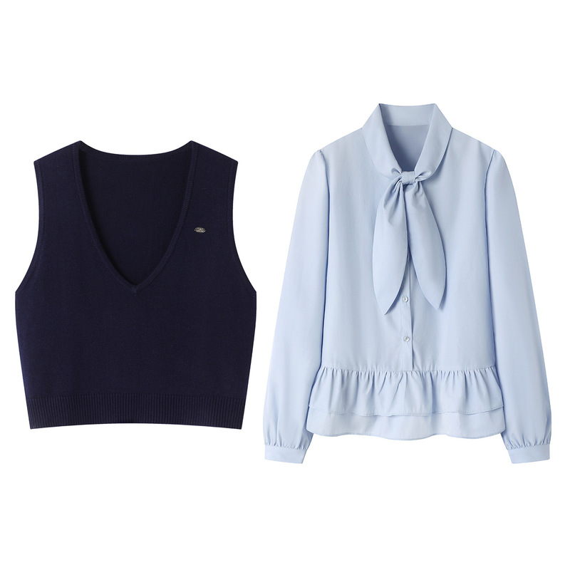 Ruffled Shirt Women's 2025 Autum New Style Tie-Down Age-Reducing Top Vest Two-Piece Set C85A546