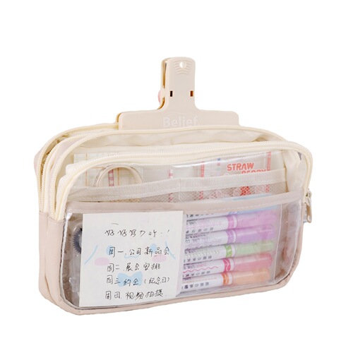 Japanese simple stationery bag three-layer large capacity transparent pencil bag wholesale girls primary school pencil box storage bag