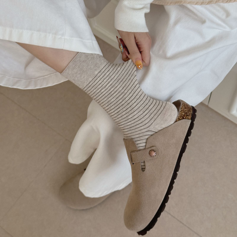 Autumn and Winter Japanese-Style Fine Australian Cotton Striped Versatile Slouch Socks in Melard Color, Seamless Slimming Versatile Mid-Calf Women's Socks Autumn and Winter Japanese-Style Fine Australian Cotton Striped Versatile Slouch Socks in Melard Color, Seamless Slimming Versatile Mid-Calf Women's Socks