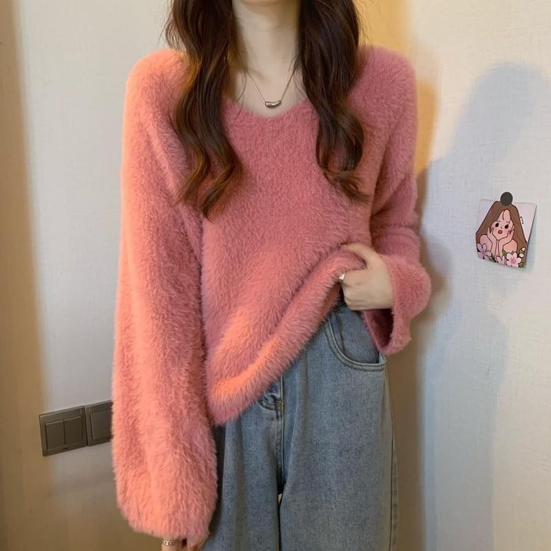 冬季新款女装温柔风气质针织毛衣女软糯风V领慵懒上衣宽松水貂毛|undefined