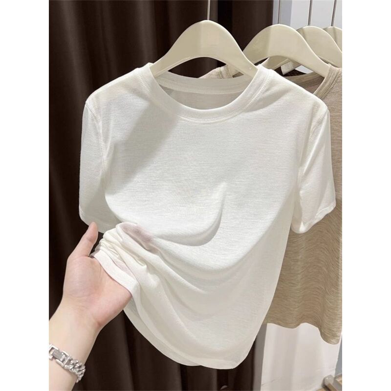 Soft Tencel Mask-Like Short-Sleeve T-Shirt for Women, Summer 2026 New Style, Petite Size, Regular Shoulder, White Thin Ice Silk Top Soft Tencel Mask-Like Short-Sleeve T-Shirt for Women, Summer 2026 New Style, Petite Size, Regular Shoulder, White Thin Ice Silk Top