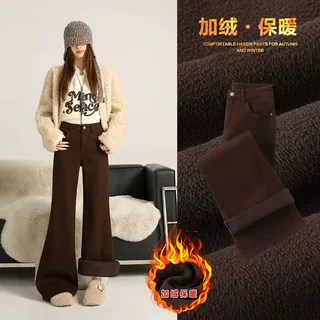 厚绒辣妹四面弹咖色喇叭牛仔裤秋冬新款宽松显瘦不贴腿微喇裤