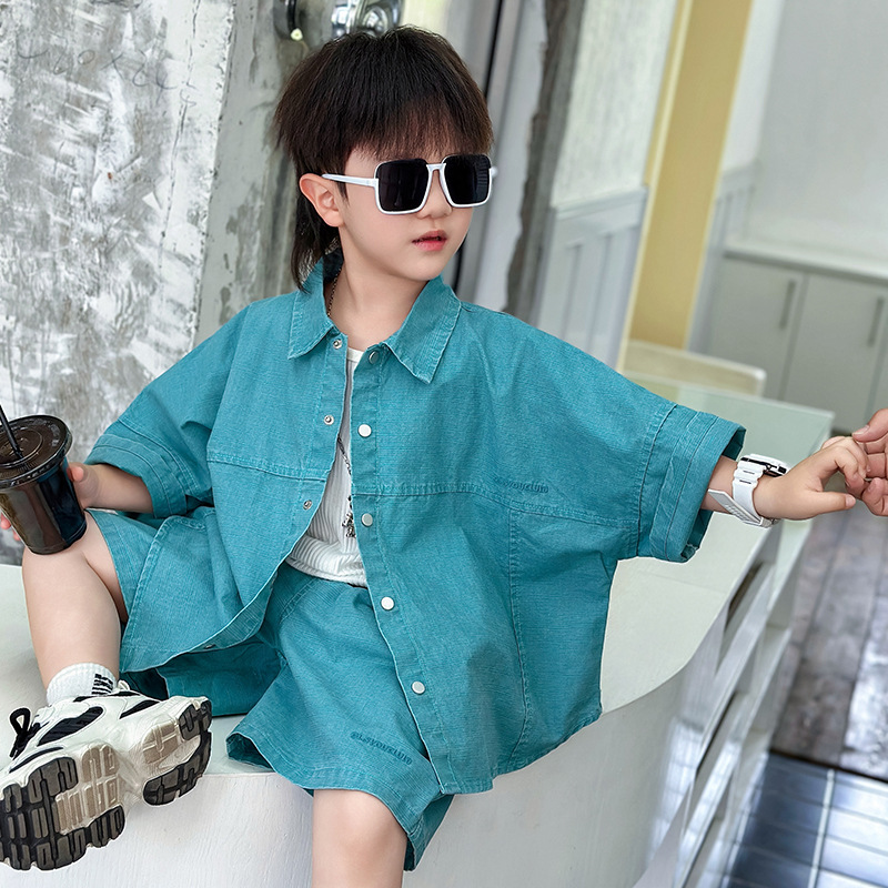 7364 traje de manga corta para niños verano 2025 nuevo estilo estilo occidental ropa para niños coreanos camisa de verano de dos piezas verano