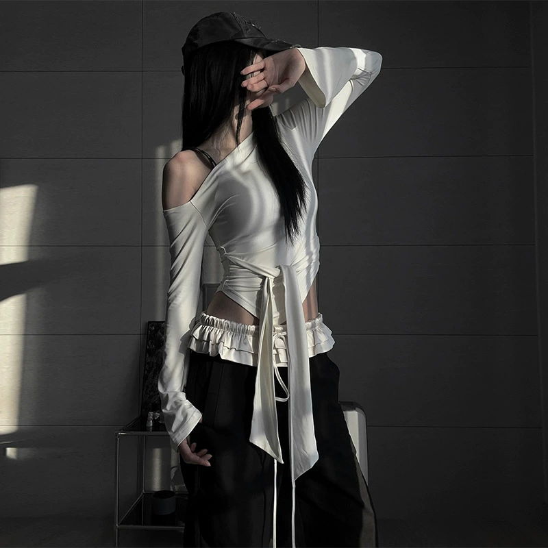 L208TP American Spice Girl 2024 осень новый сплошной сплошной диагональный воротник с длинными рукавами шнуровки нерегулярный пупок короткий топ