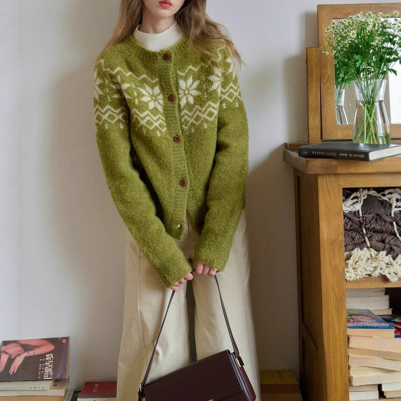 Simpleretr1 Norwegian Forest Wool Loop Yarn Fair Isle Sweater Women's Autumn Lazy Style Sweater Jacket