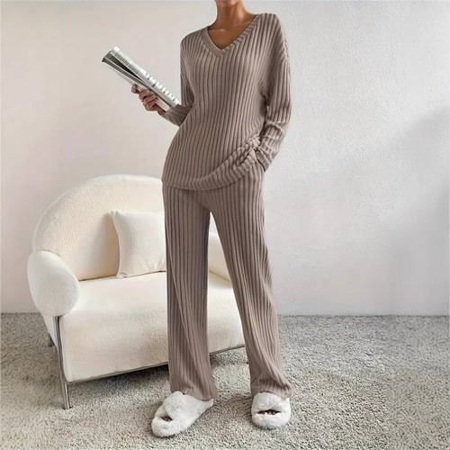 New Autumn Set Home Fashion Casual Straight Leg Pants Elegant Loose V-Neck Striped Two-Piece Set