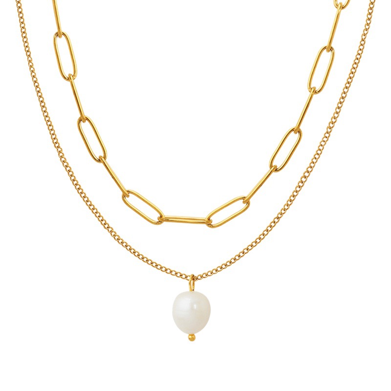 Europa y América ins estilo frío de moda colgante de perlas de agua dulce de múltiples capas apiladas collar femenino de acero de titanio collar de clavícula P791