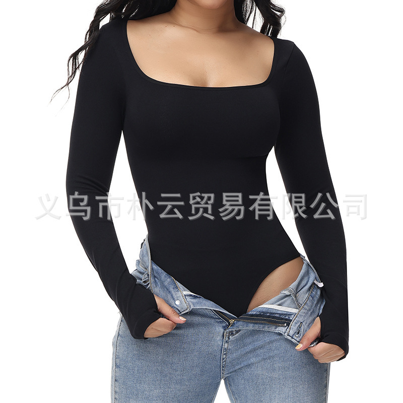 Amazon Spring New U-collar Slim-fit Bottoming Shirt Sexy Open Crotch Thong Knitted Long-sleeved Jumpsuit for Women Amazon Spring New U-collar Slim-fit Bottoming Shirt Sexy Open Crotch Thong Knitted Long-sleeved Jumpsuit for Women