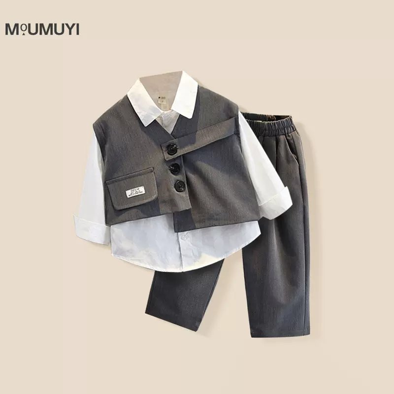 男童礼服服装秋季儿童西装套装2025新款春秋衬衫洋气时髦三件套潮
