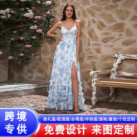 吊带抹胸连衣裙2026新款欧美外贸开衩修身复古洋裙印花成人礼服女