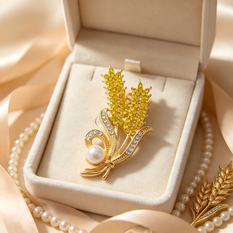 Luxurious golden wheat ear pearl brooch with diamonds, symbolizing abundance, suitable for suits, coats, cheongsams, and as a business gift