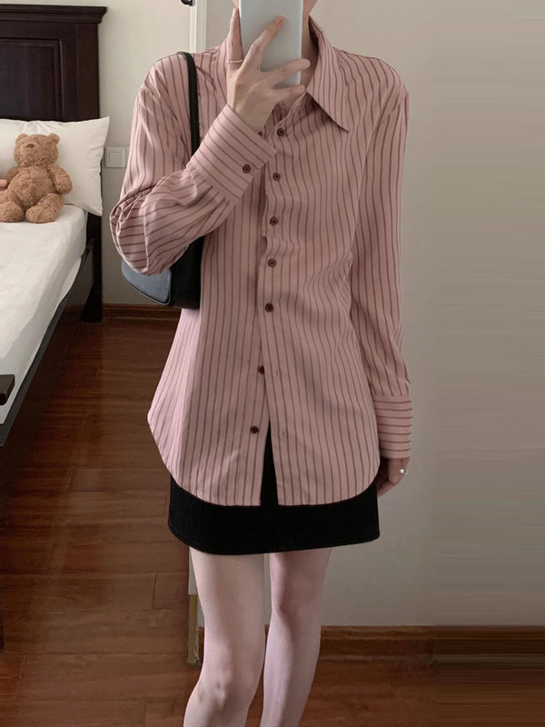 法式复古粉色条纹衬衫上衣女高级感休闲宽松长袖衬衣外搭开衫秋季|undefined