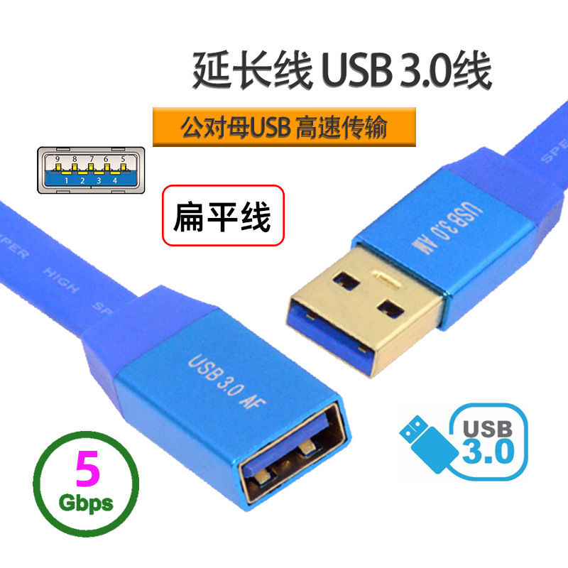 扁平线usb3.0延长线USB公母数据扁线电脑插u盘键鼠标加长器5Gbps