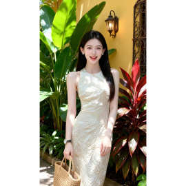 上流社会法式名媛气质高级感海边度假风独特漂亮白色无袖连衣裙夏
