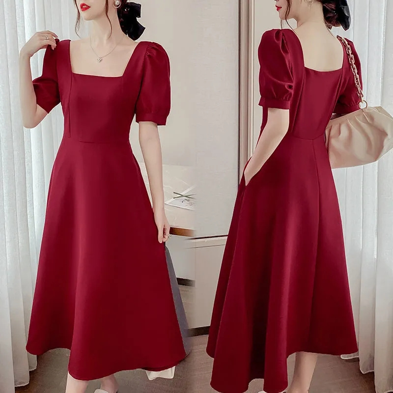 Hepburn Style chubby girl dress Women's Summer Puff Sleeve plus size Women's Square Collar Waist Slimming Elegant Knee-length Dress