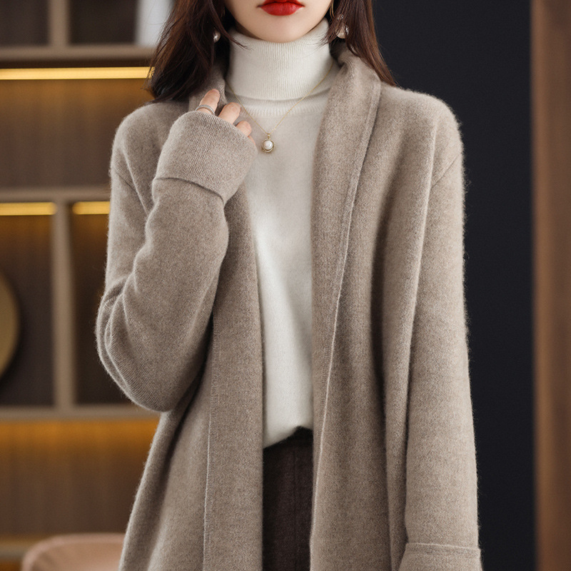 2022年秋冬新款山羊绒大衣针织开衫女外穿常规版V领毛衣 系带外套