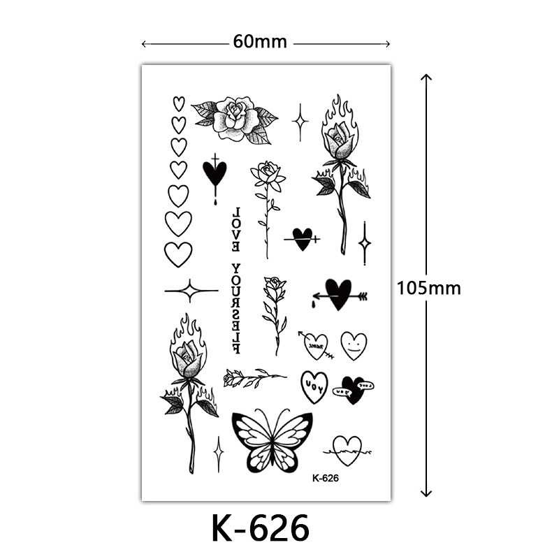 Pequeñas pegatinas de tatuaje frescas letras inglesas flores mariposas líneas de boceto pegatinas de tatuaje impermeables tatuaje