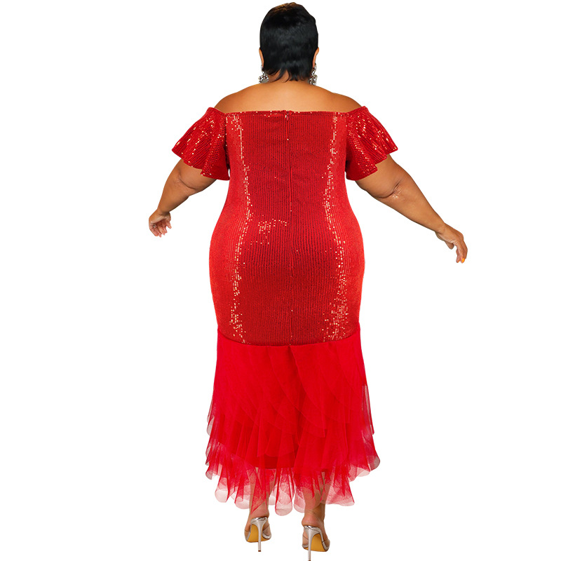 Elegant Plus Size Evening Dress In Red With Sequin Mesh Details_voghion.com