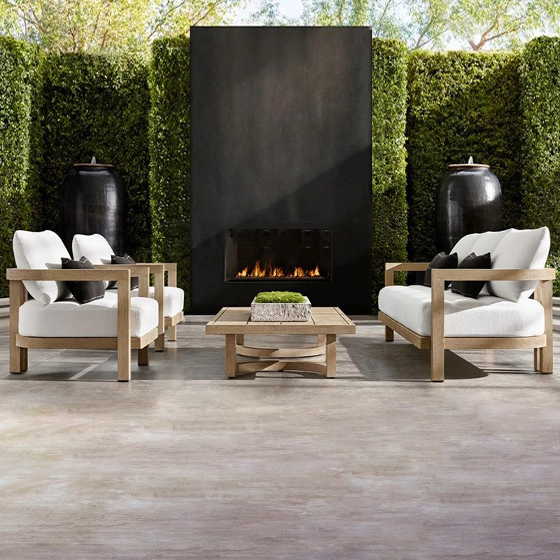 Sofá de patio para exteriores, muebles impermeables de una sola pieza para jardín, conjunto de mesa de centro de teca para terraza de hotel o villa.