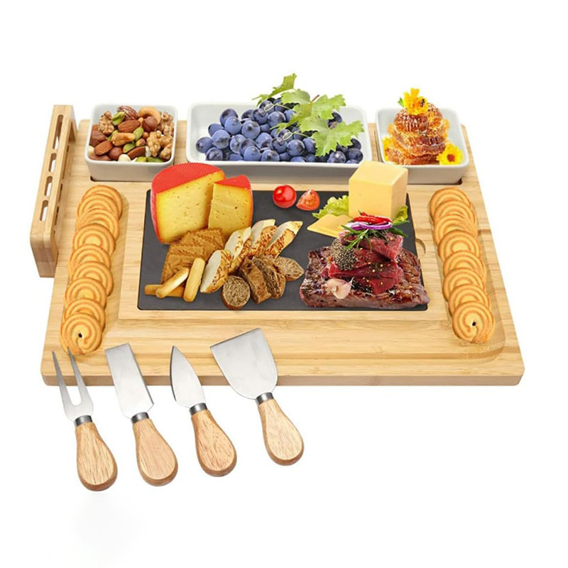 Tablero de queso de bambú cocina hogar tabla de cortar con cuchillo de pizarra y tenedor traje tabla de cortar fruta postre merienda bandeja