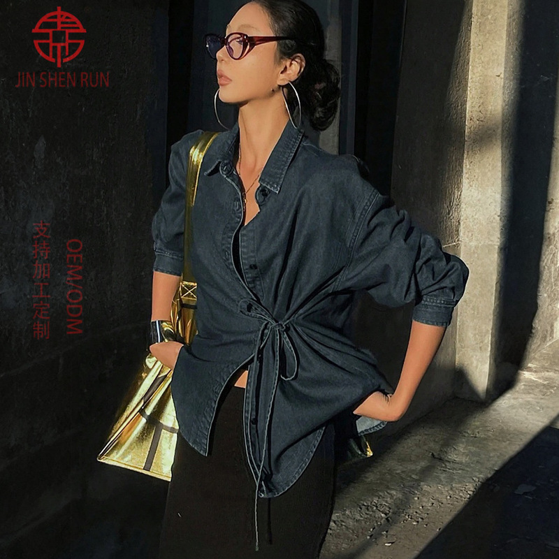 European and American Cross-Border Export European Size Women's Clothing Front Lace-Up Front Button Long-Sleeved Denim Top Casual Denim Jacket Coat