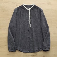 2025秋季新款立领花边磨毛 格子开衫女士长袖衬衫批发