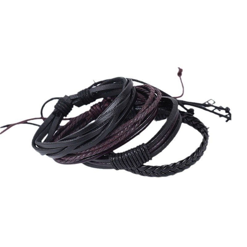 Genuine Leather Men's Bracelet 4-piece Retro Handmade Set_voghion.com