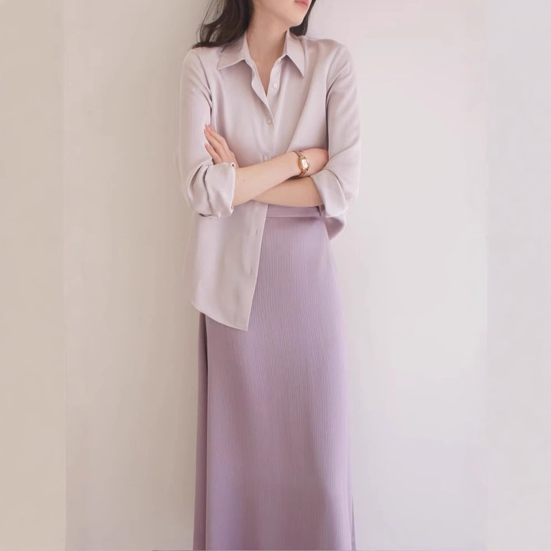 Light purple dark pattern crinkle satin matte long sleeve chic shirt women's gentle and elegant consideration blouse