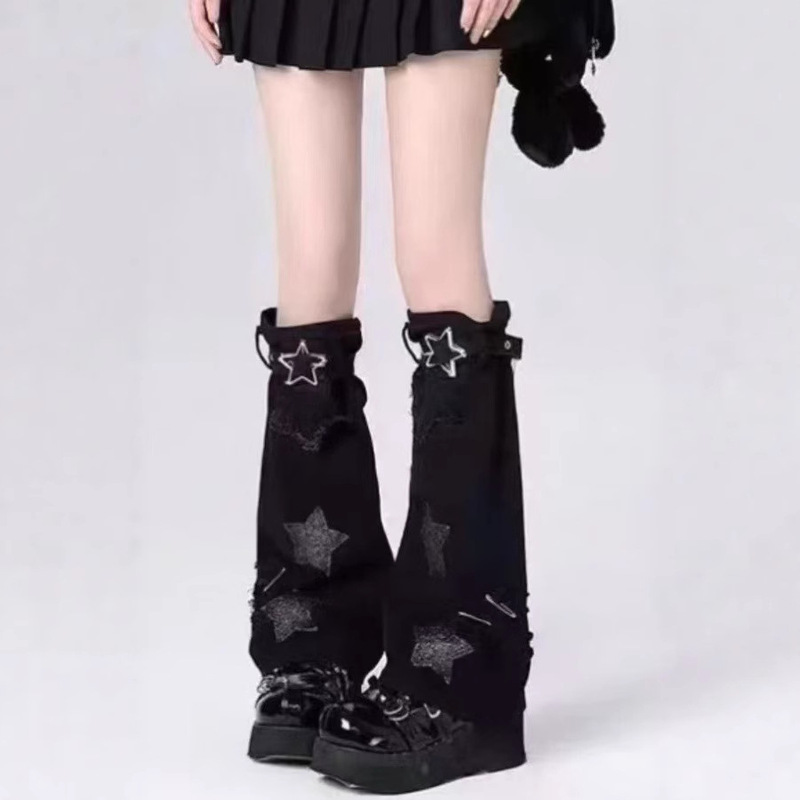 Y2K Subculture Sexy Star Scar Leg Covers Cos Denim Star Wide Leg Socks Punk Niche Mid-Tube Jk Women's Socks