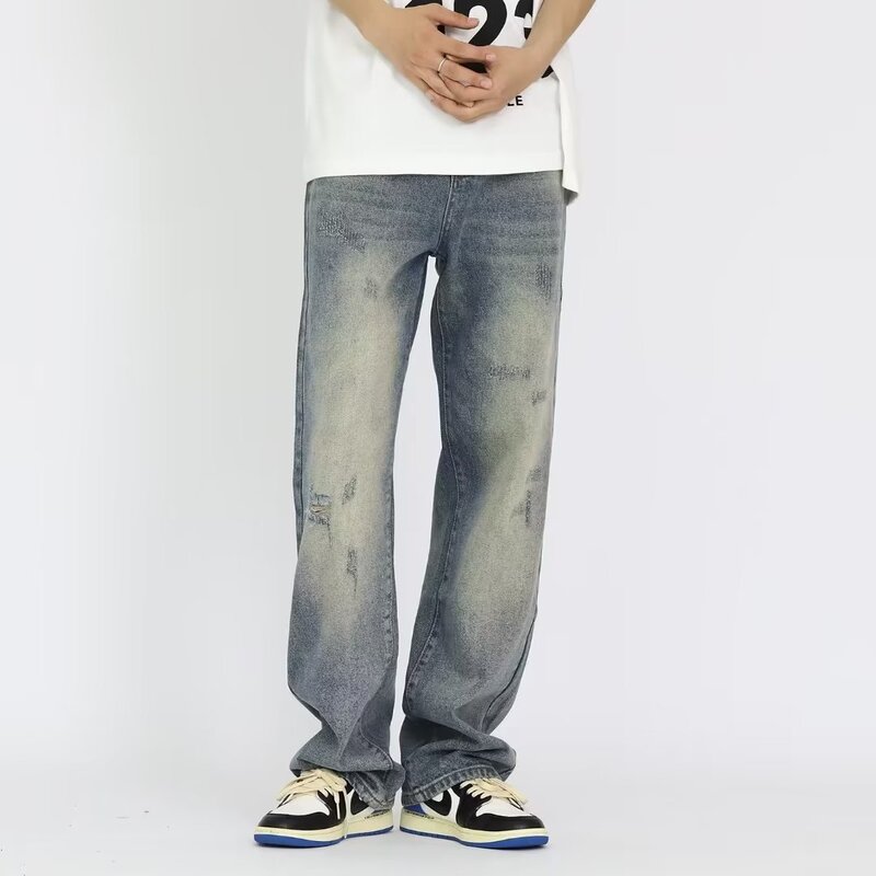 New Style Jeans Men's Trendy American Style Casual Retro Washed Wide Leg Pants Loose Straight Pants for Daddy