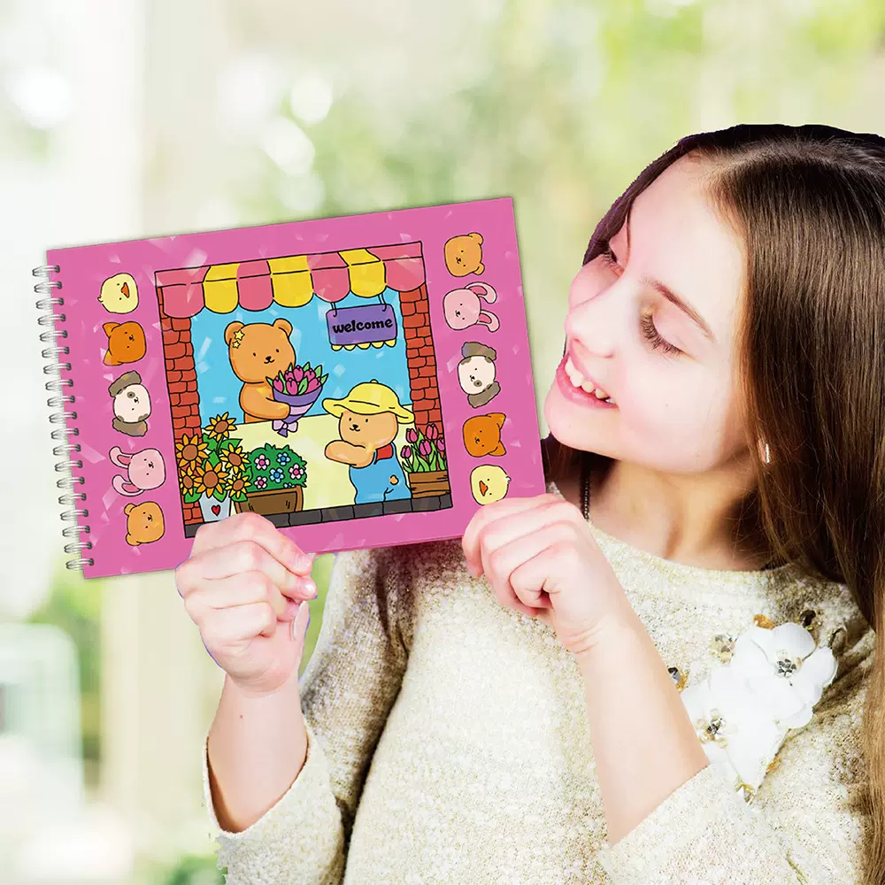 跨境图画本50张可爱小熊填色书贴纸套装镭射闪膜线圈儿童涂色本