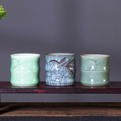 空山新雨 龙泉青瓷中式简约创意竹叶竹形杯 复古陶瓷家用水杯茶杯