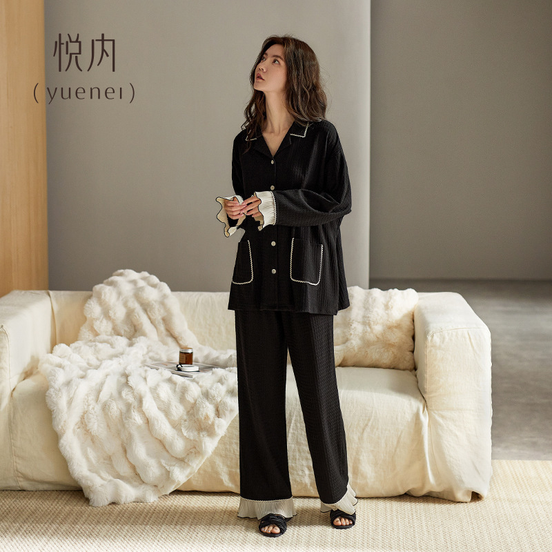 悦内睡衣女春秋季秋款秋天长袖家居服薄款感黑色套装半边绒德绒|undefined