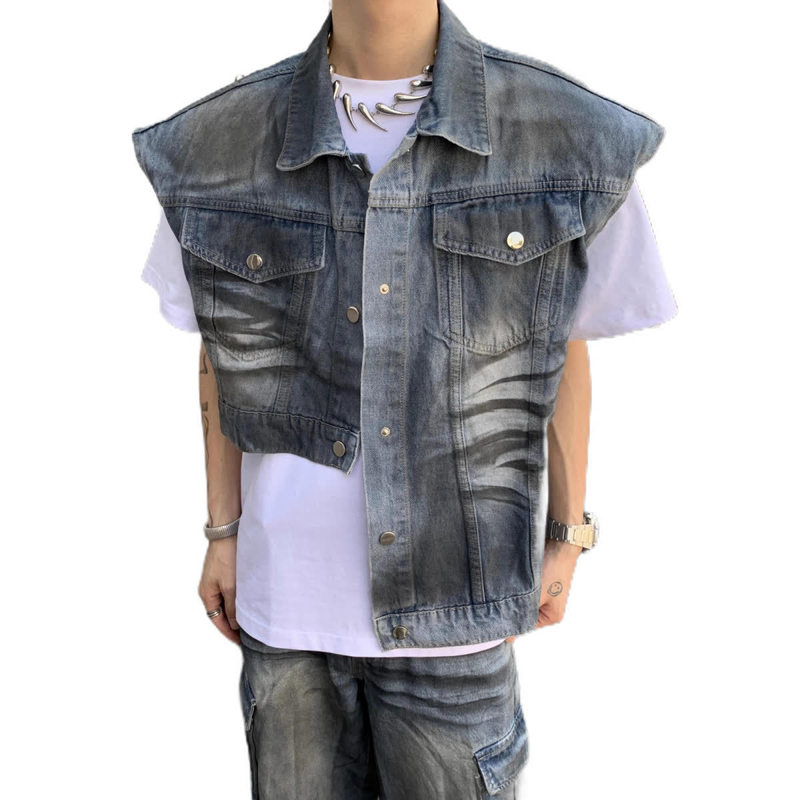 2025 New Gradient Color Washed Design Retro Distressed Denim Vest Jacket Pleated Random Texture Sleeveless Jacket 2025 New Gradient Color Washed Design Retro Distressed Denim Vest Jacket Pleated Random Texture Sleeveless Jacket