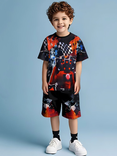 Amazon Cross-border Best-selling Trend 3D Digital Anime Cartoon T-shirt Boys Casual Sports Short-sleeve Set