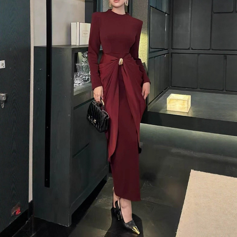 Nanyou European and American Style Round Neck Pleated Waist-Covering Hip Skirt Autum New Elegant Waist-Cinching Metal Buckle Dress Dress