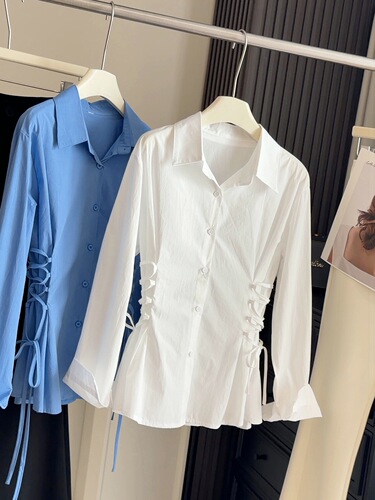 Fashionable design, waist, slimming strap shirt, women's spring clothes, new 2026 lapel all-matching foreign-style shirt top