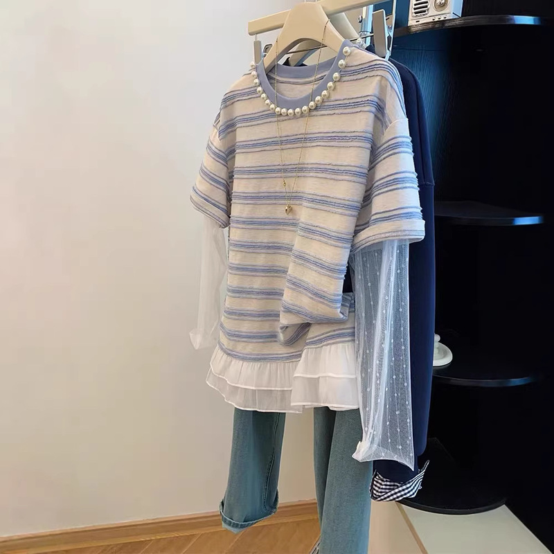 Extra Large Size 120kg Blue Striped Beaded Lace Long-Sleeve T-Shirt for Women, Faux Two-Piece Sun-Protective Top with a Stylish Design Extra Large Size 120kg Blue Striped Beaded Lace Long-Sleeve T-Shirt for Women, Faux Two-Piece Sun-Protective Top with a Stylish Design