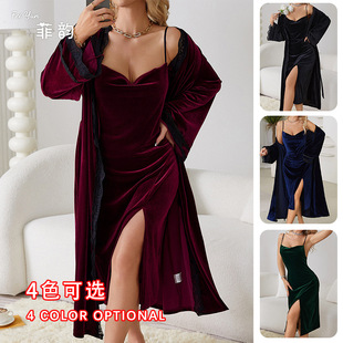 Feiyun European and American style sexy split pure desire backless velvet sweet nightdress simple robe home suit 651