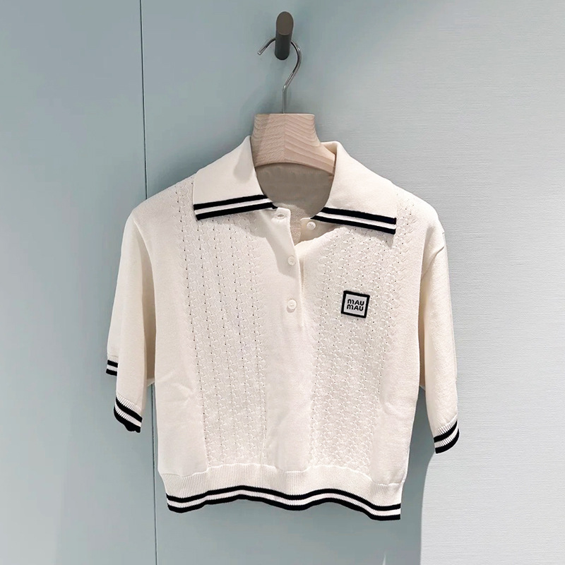 Nanyou High-End Miu Series 26 College Style Color-Block Short Lapel Knit Short-Sleeve Versatile Top Commuting Trendy Brand for Women