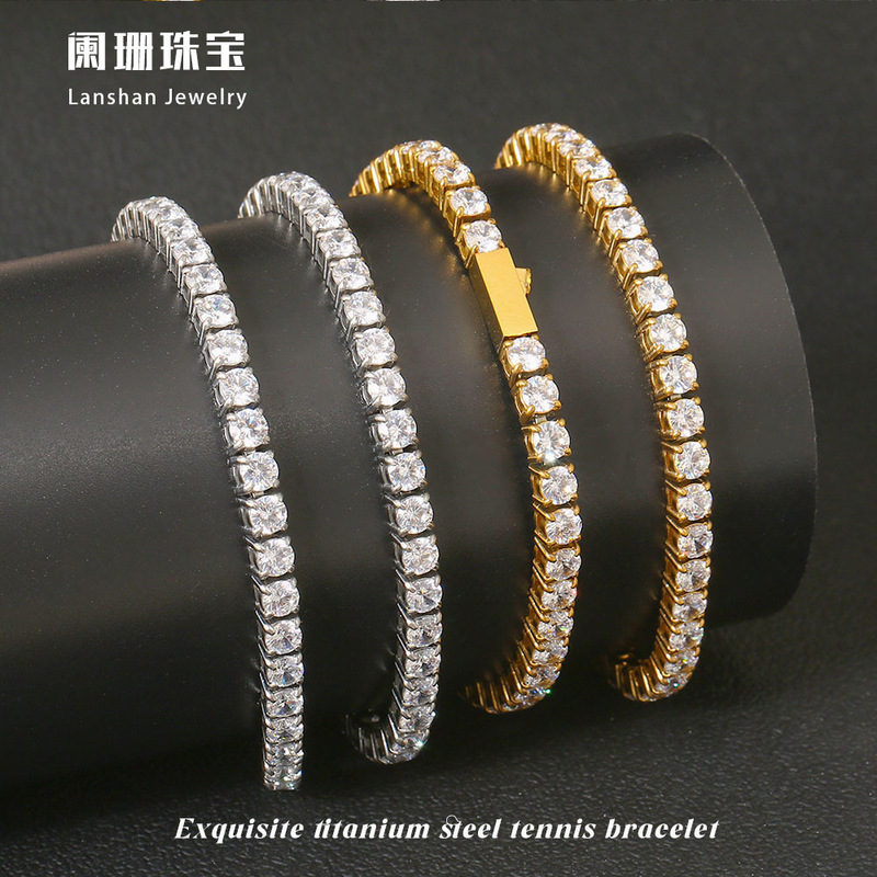 Stainless Steel 4mm Full Diamond Tennis Chain Bracelet for Women, Zircon Row Diamonds, Super Shiny Titanium Steel, Non-Fading, Non-Oxidizing Jewelry