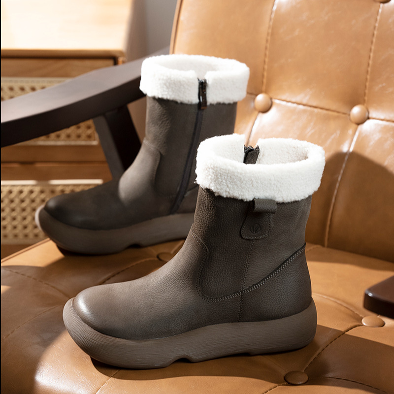 2025 New Winter Velvet Thickeneded Warm Snow Boots First Layer Cowhide Mid-Calf Boots Thick-Soled Women's Cotton Shoes