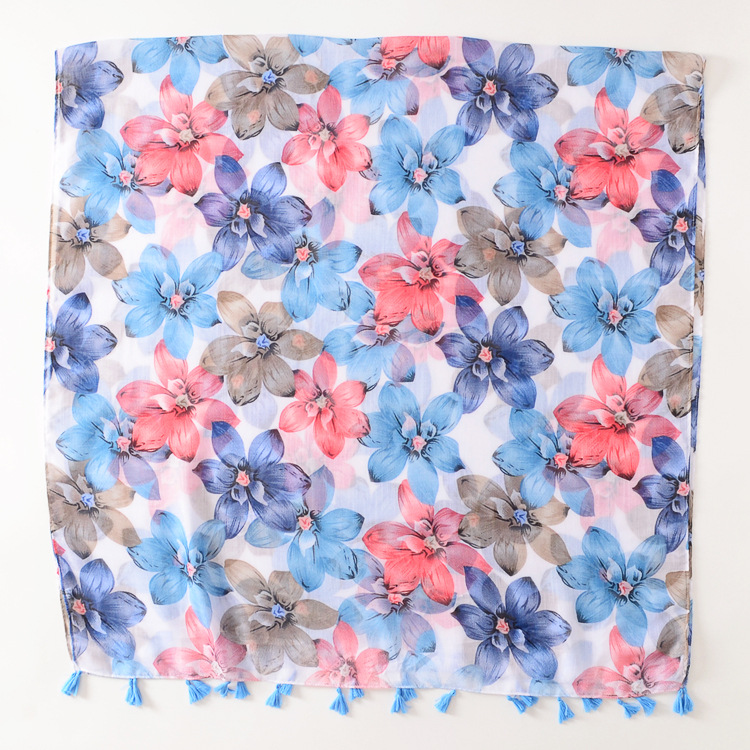 Nuevo color grandes flores impreso algodón y lino mano bufanda larga femenina borla decoración otoño y el invierno cálido sol chal