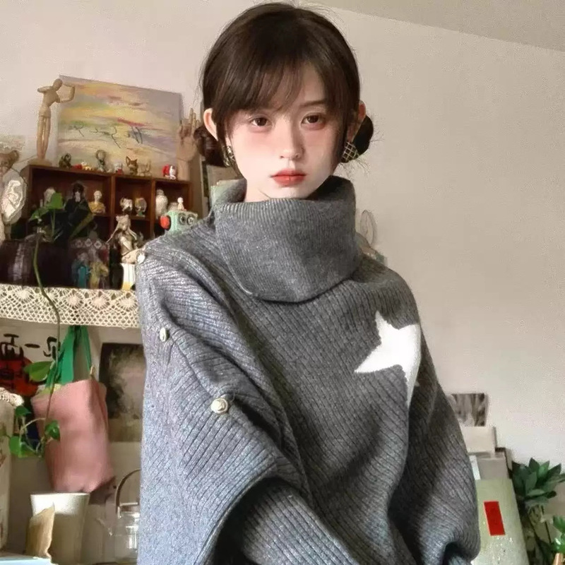 Korean-style asymmetrical design, loose-fitting, niche gray cape with a high collar and star pattern, knitted sweater, women's spring and autumn outerwear